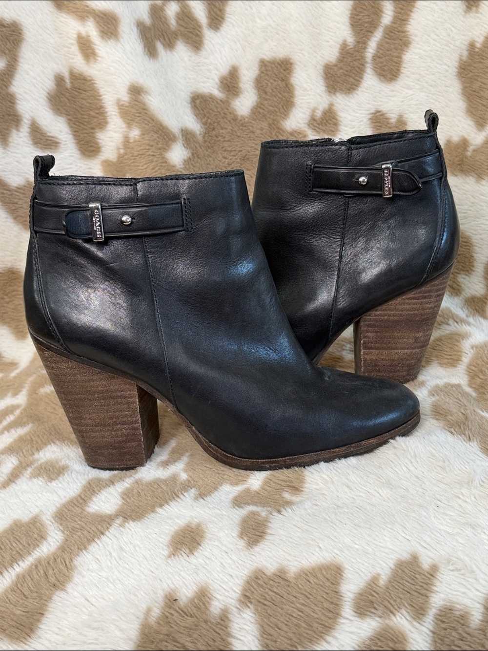 Coach Black Leather Ankle Booties with Stacked Wood Heel